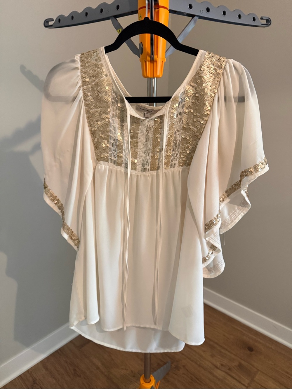 Blu Pepper Ivory Peasant Blouse with Gold Sequin Trim